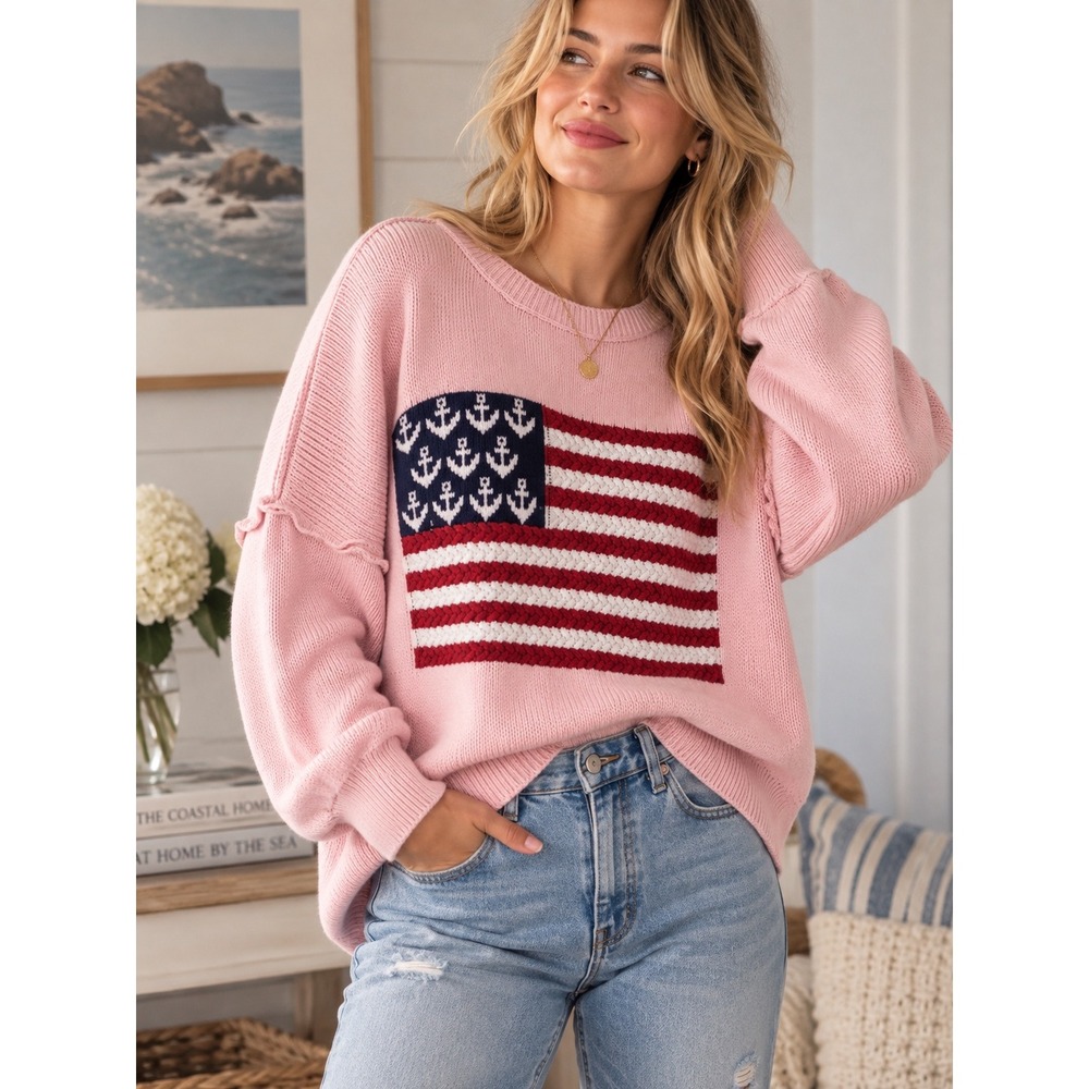 Simply Southern Pink American Flag Anchor Knit Sweater Womens Medium Cotton